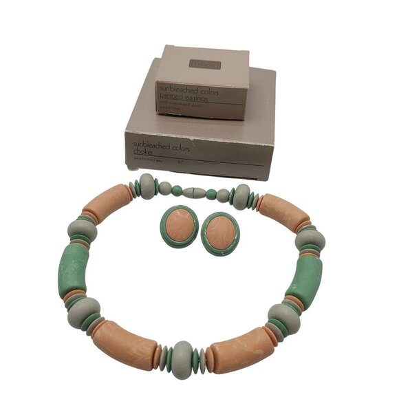 Avon 1987 Pastel Sunbleached Colors Choker Earring Set Peach Mint Grey - Picture 1 of 6